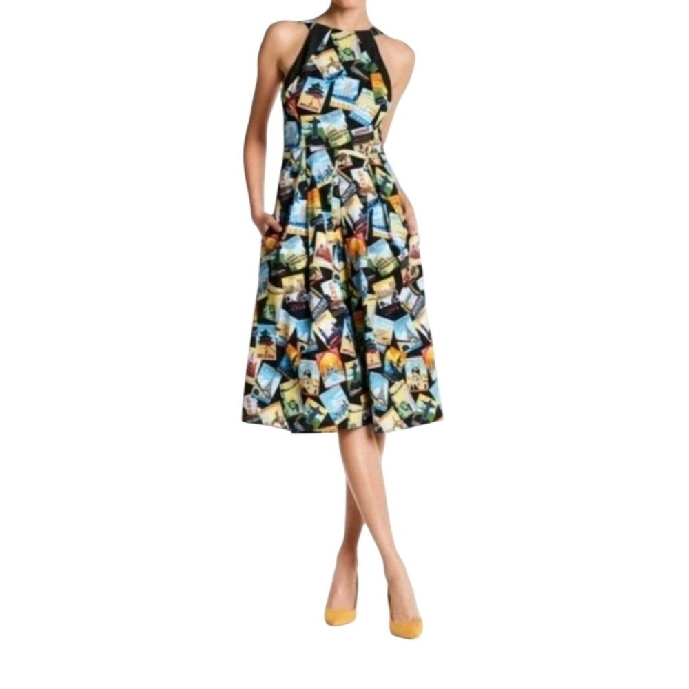 Eva Franco World Travel Postcard Print Halter Dress Open Back Pockets 8 Midi